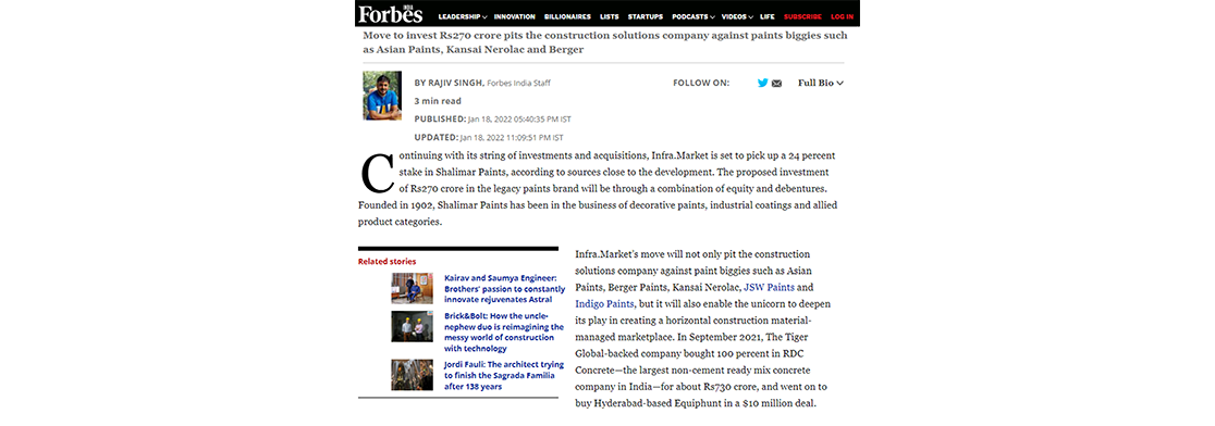 Infra.Market set to buy 24 percent in Shalimar Paints 