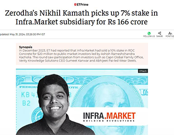 Zerodha’s Nikhil Kamath picks up 7% stake in Infra.Market subsidiary for Rs 166 crore