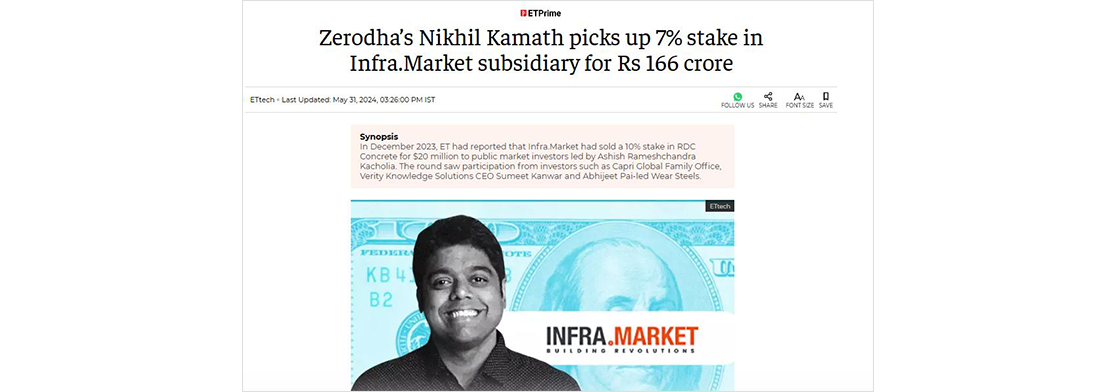 Zerodha’s Nikhil Kamath picks up 7% stake in Infra.Market subsidiary for Rs 166 crore